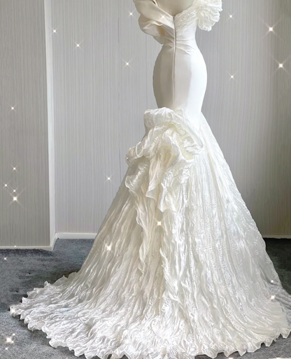 Timeless Mermaid Off The Shoulder White Short Sleeves Wedding Dresses Brides Dress DP439