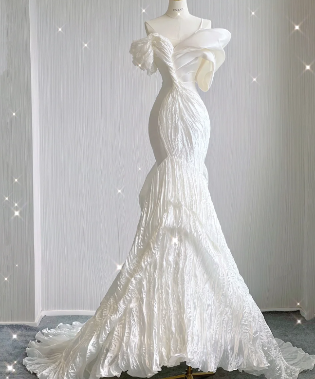 Timeless Mermaid Off The Shoulder White Short Sleeves Wedding Dresses Brides Dress DP439