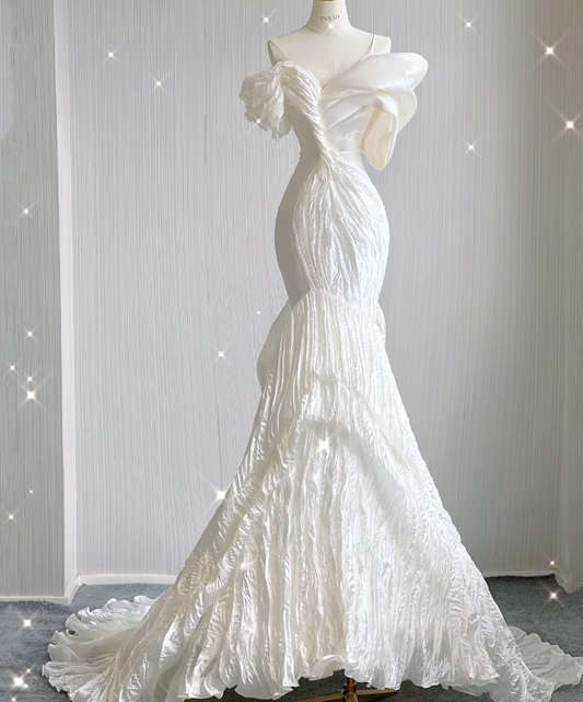 Timeless Mermaid Off The Shoulder White Short Sleeves Wedding Dresses Brides Dress DP439