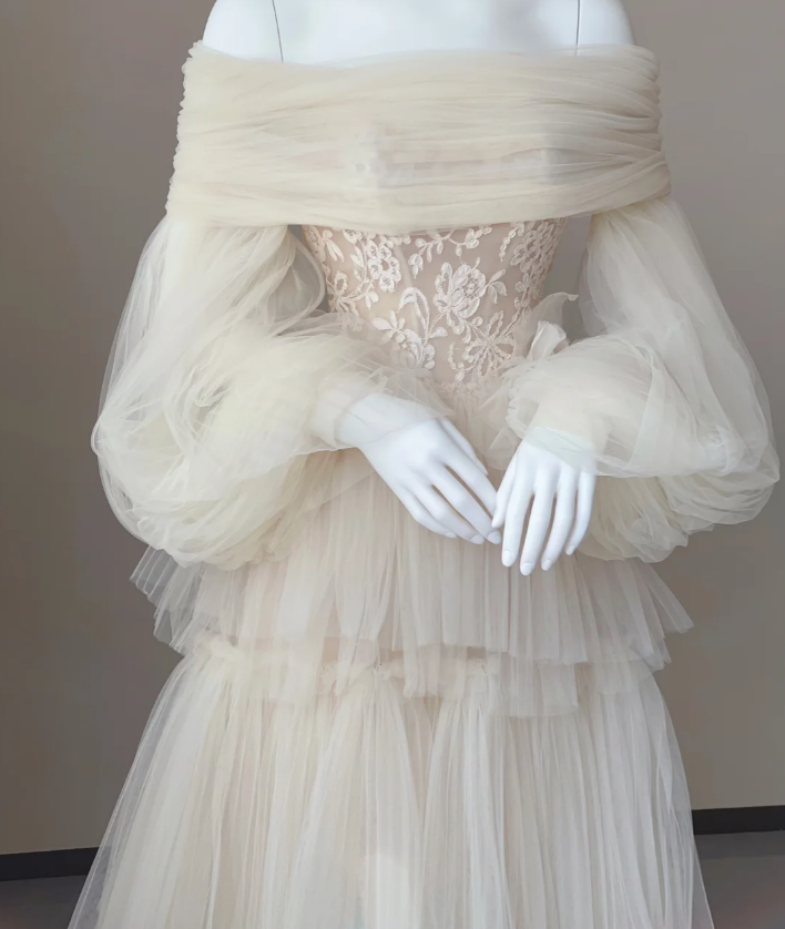 Timeless Ball Gown Off The Shoulder Long Sleeves Tulle Wedding Dresses Brides Dress DP442