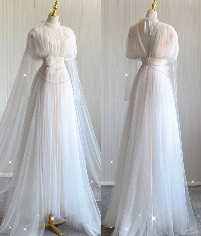 Unique A Line High Neckline Tulle Long Wedding Dresses White Brides Dress DP443