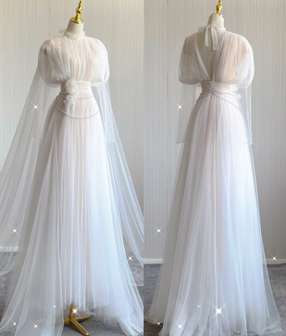 Unique A Line High Neckline Tulle Long Wedding Dresses White Brides Dress DP443
