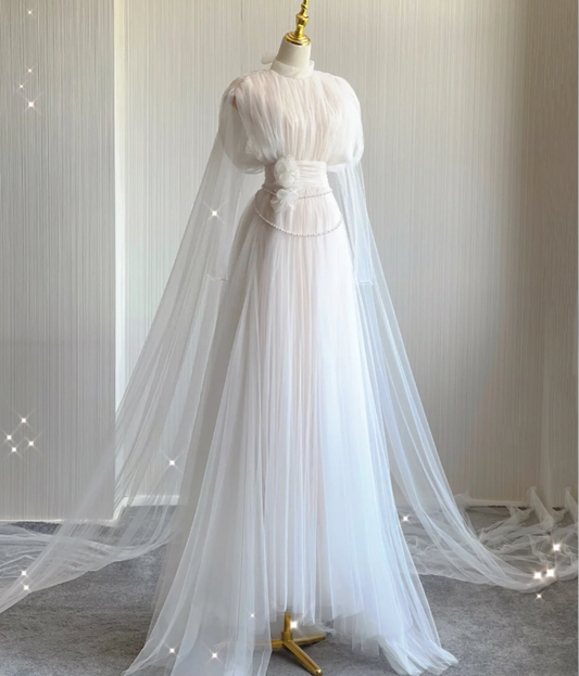 Unique A Line High Neckline Tulle Long Wedding Dresses White Brides Dress DP443