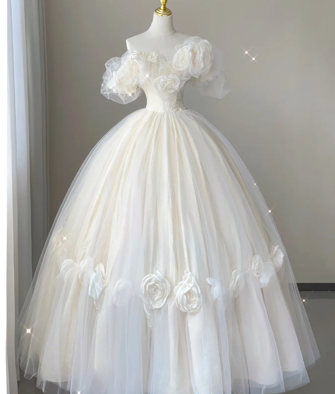 Timeless Ball Gown Off The Shoulder Short Sleeves Tulle Flowers Wedding Dresses Brides Dress DP444