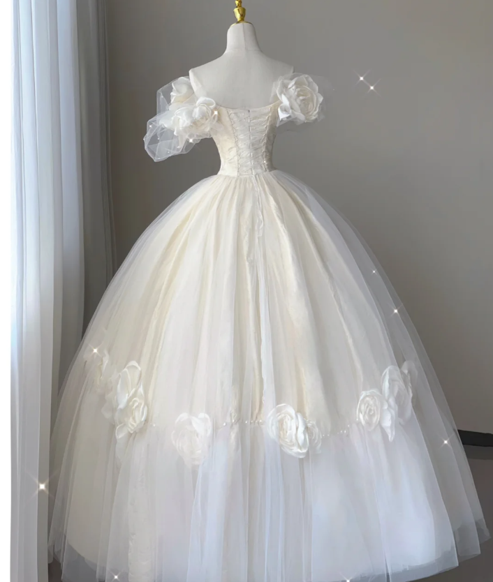 Timeless Ball Gown Off The Shoulder Short Sleeves Tulle Flowers Wedding Dresses Brides Dress DP444