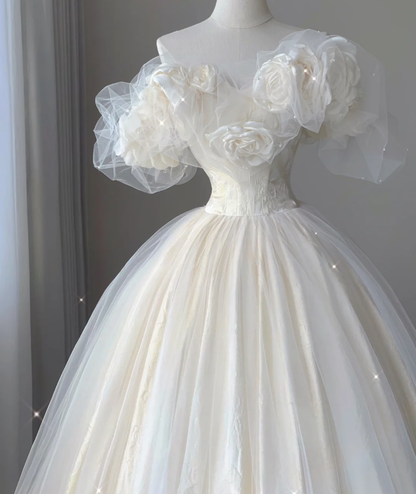 Timeless Ball Gown Off The Shoulder Short Sleeves Tulle Flowers Wedding Dresses Brides Dress DP444