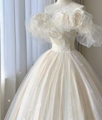 Timeless Ball Gown Off The Shoulder Short Sleeves Tulle Flowers Wedding Dresses Brides Dress DP444