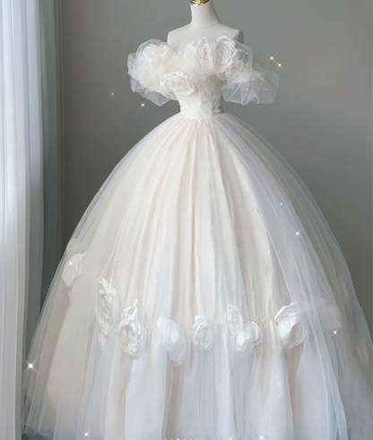 Timeless Ball Gown Off The Shoulder Short Sleeves Tulle Flowers Wedding Dresses Brides Dress DP444