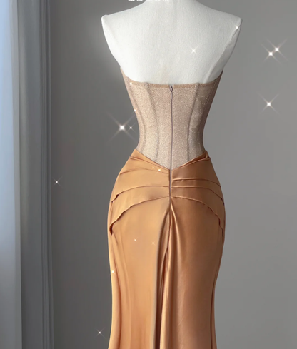 Pretty Mermaid Strapless Satin Sleeveless Long Prom Dresses Evening Dresses DP445