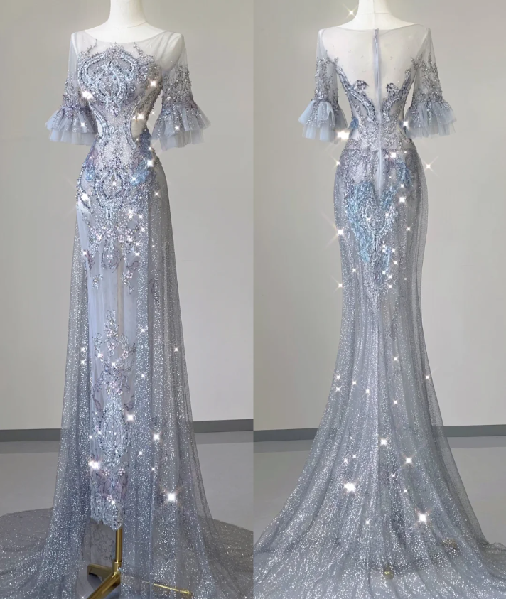 Pretty Mermaid Scoop Lace Short Sleeves Long Silver Prom Dresses Evening Dresses DP449