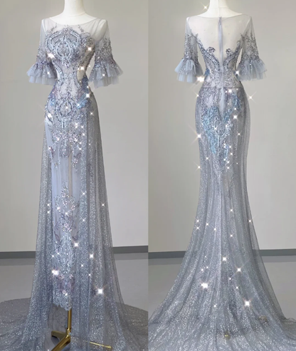 Pretty Mermaid Scoop Lace Short Sleeves Long Silver Prom Dresses Evening Dresses DP449