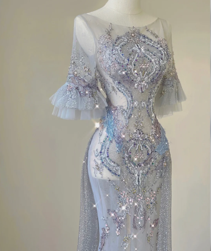 Pretty Mermaid Scoop Lace Short Sleeves Long Silver Prom Dresses Evening Dresses DP449