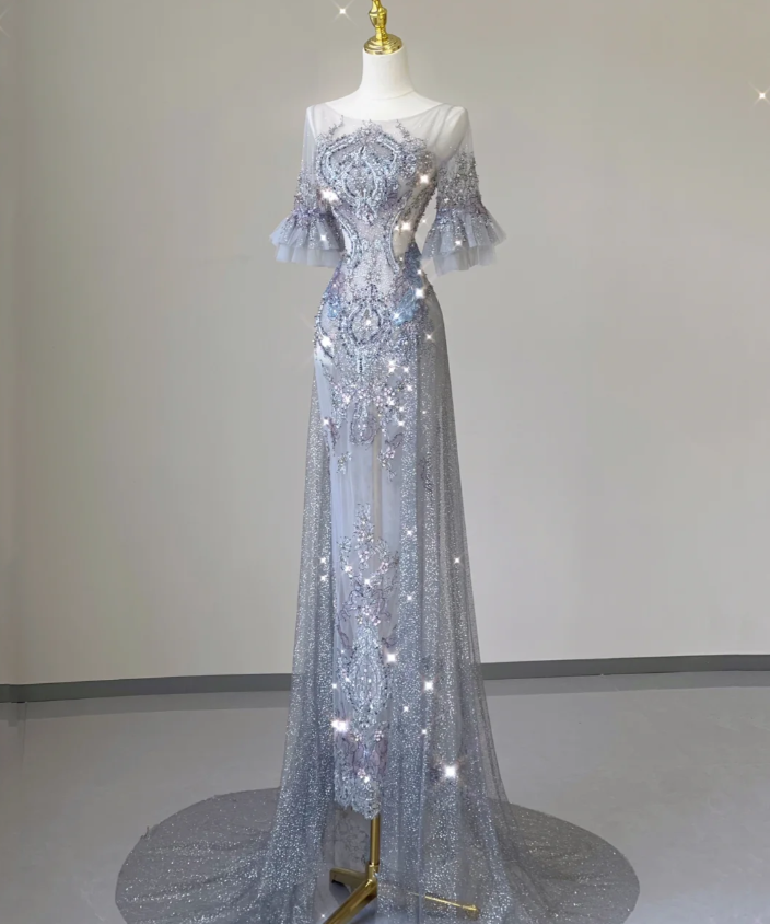 Pretty Mermaid Scoop Lace Short Sleeves Long Silver Prom Dresses Evening Dresses DP449