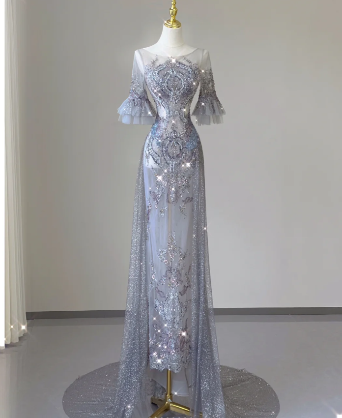 Pretty Mermaid Scoop Lace Short Sleeves Long Silver Prom Dresses Evening Dresses DP449