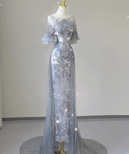 Pretty Mermaid Scoop Lace Short Sleeves Long Silver Prom Dresses Evening Dresses DP449