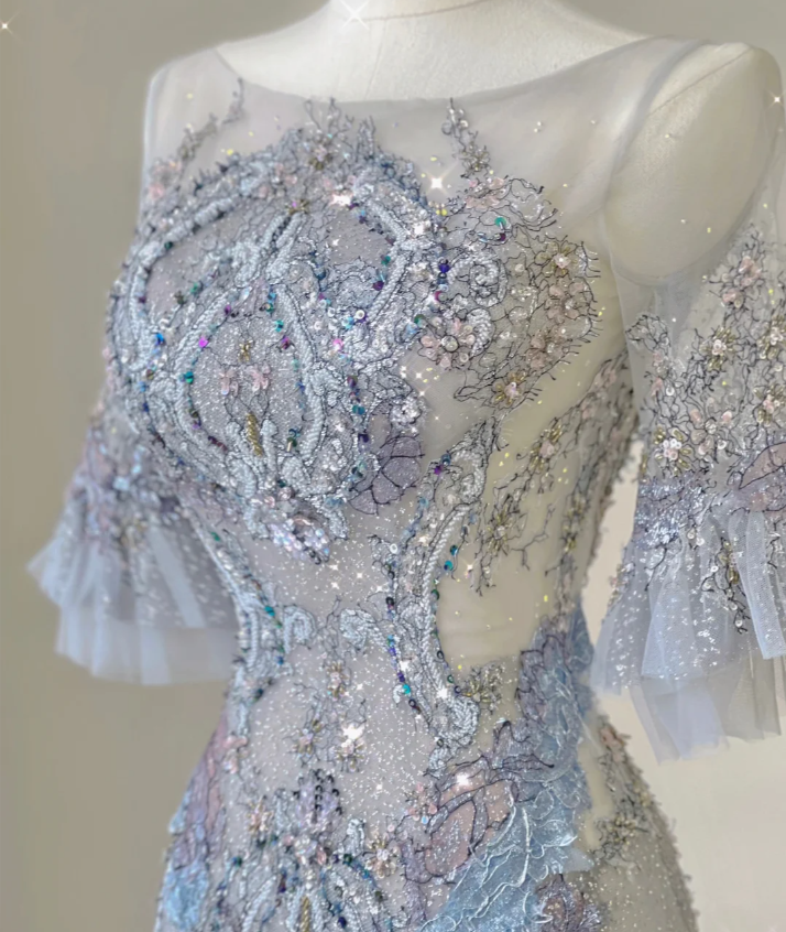 Pretty Mermaid Scoop Lace Short Sleeves Long Silver Prom Dresses Evening Dresses DP449