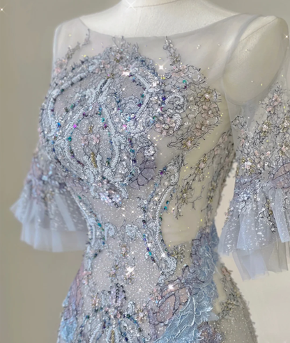 Pretty Mermaid Scoop Lace Short Sleeves Long Silver Prom Dresses Evening Dresses DP449