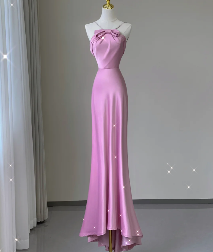 Pretty Mermaid Halter Sleeveless Pink Long Satin Prom Dresses Simple Evening Dresses DP452