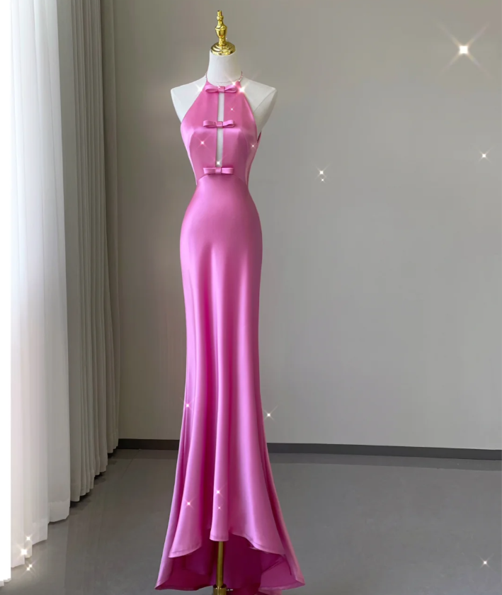 Pretty Mermaid Halter Sleeveless Pink Long Satin Prom Dresses Simple Evening Dresses DP453