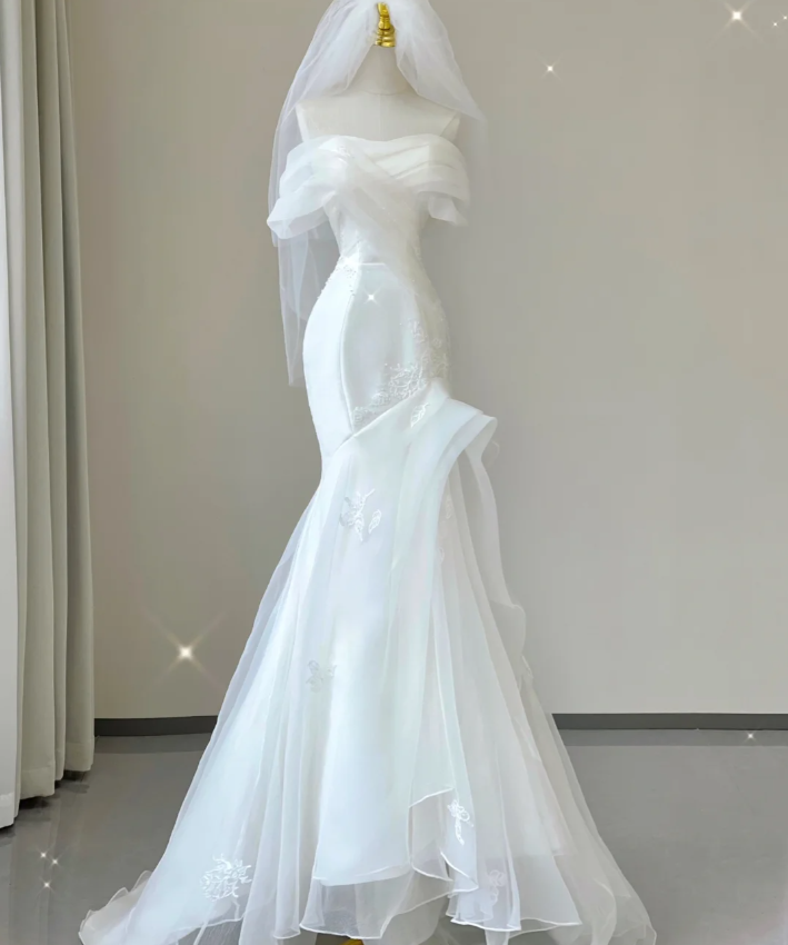 Classy Elegant Mermaid Off The Shoulder White Short Sleeves Satin Wedding Dresses Brides Dress DP454