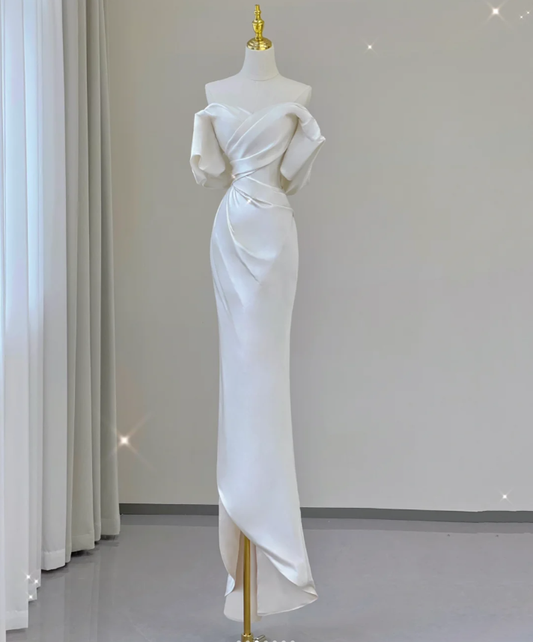 Classy Elegant Mermaid Off The Shoulder White Short Sleeves Satin Wedding Dresses Brides Dress DP455