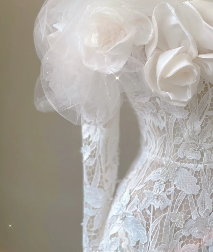 Classy Elegant Mermaid Off The Shoulder White Long Sleeves Flowers Wedding Dresses Brides Dress DP458