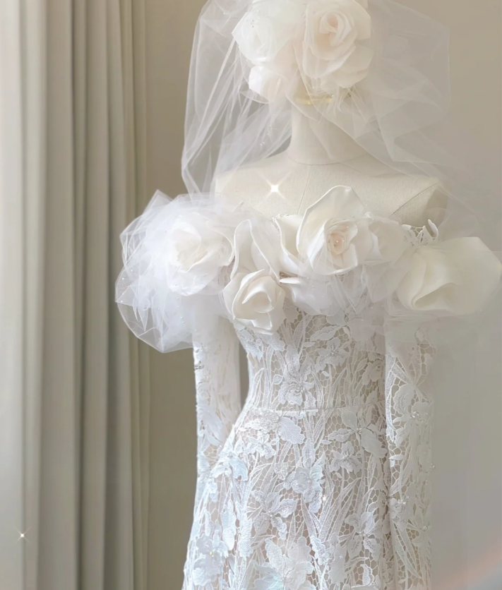 Classy Elegant Mermaid Off The Shoulder White Long Sleeves Flowers Wedding Dresses Brides Dress DP458