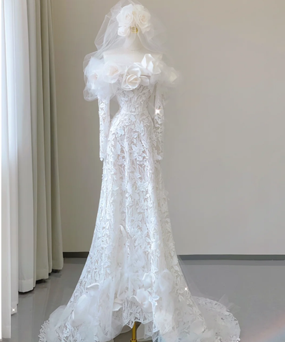 Classy Elegant Mermaid Off The Shoulder White Long Sleeves Flowers Wedding Dresses Brides Dress DP458