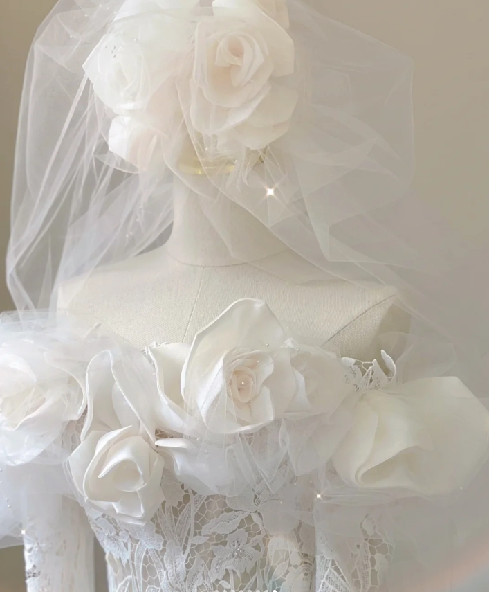 Classy Elegant Mermaid Off The Shoulder White Long Sleeves Flowers Wedding Dresses Brides Dress DP458