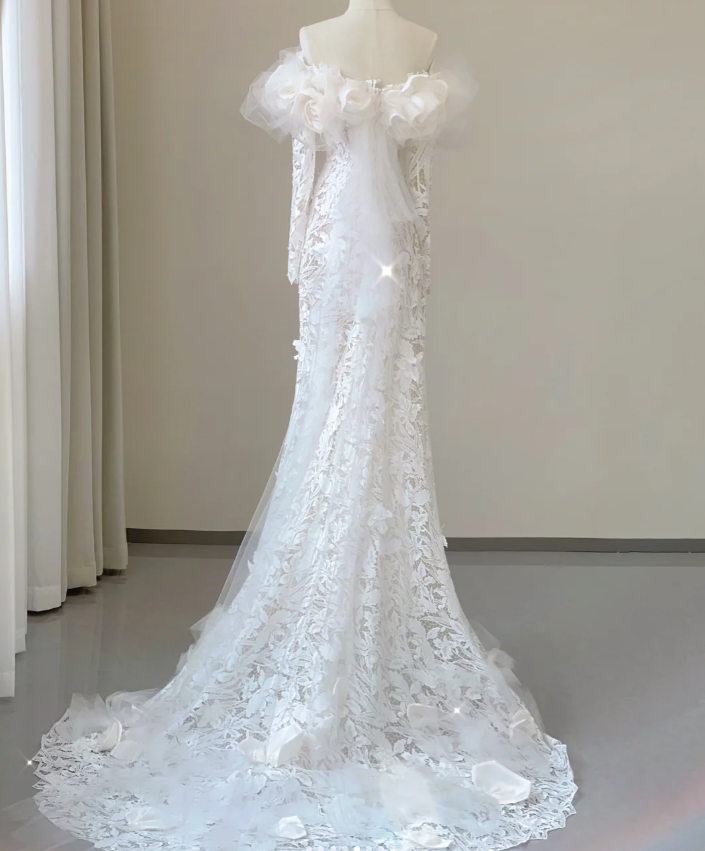 Classy Elegant Mermaid Off The Shoulder White Long Sleeves Flowers Wedding Dresses Brides Dress DP458