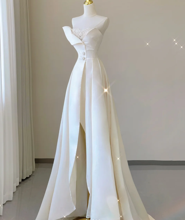 Unique A line Strapless Neckline Satin Long Wedding Dresses White Brides Dress DP459