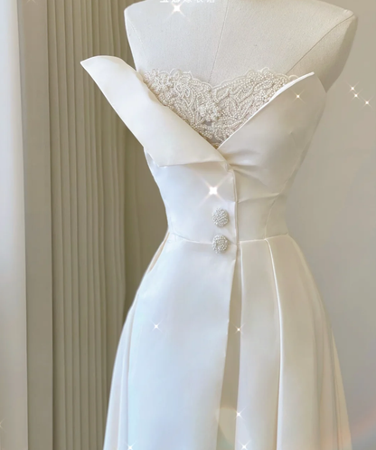 Unique A line Strapless Neckline Satin Long Wedding Dresses White Brides Dress DP459