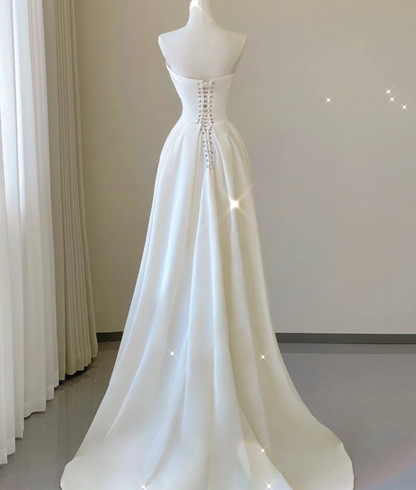 Unique A line Strapless Neckline Satin Long Wedding Dresses White Brides Dress DP459