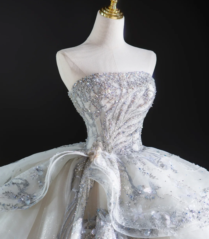 Timeless Ball Gown Strapless Sequin White Long Wedding Dresses Brides Dress DP460