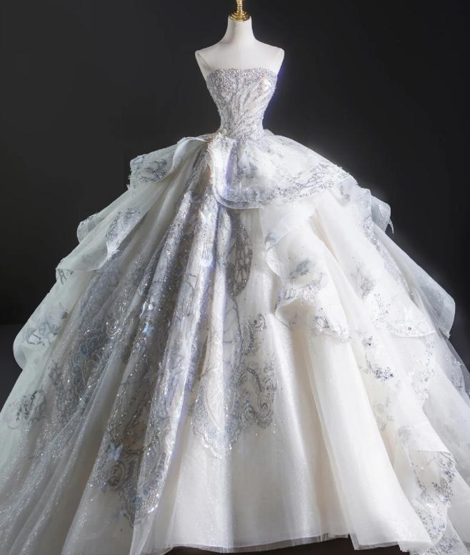 Timeless Ball Gown Strapless Sequin White Long Wedding Dresses Brides Dress DP460