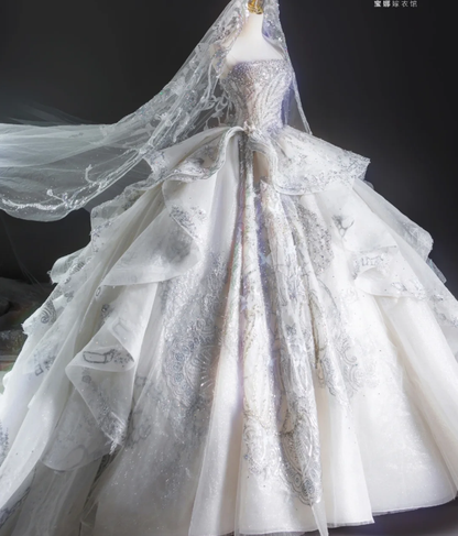 Timeless Ball Gown Strapless Sequin White Long Wedding Dresses Brides Dress DP460