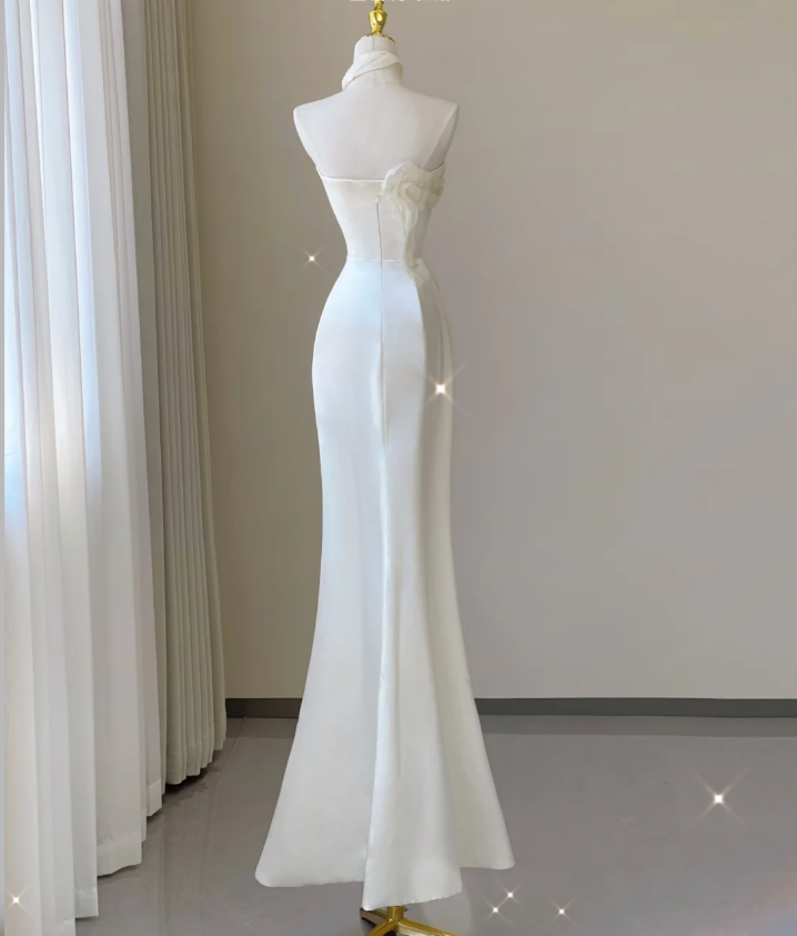 Classy Elegant Mermaid One Shoulder White Long Satin Wedding Dresses Brides Dress DP462