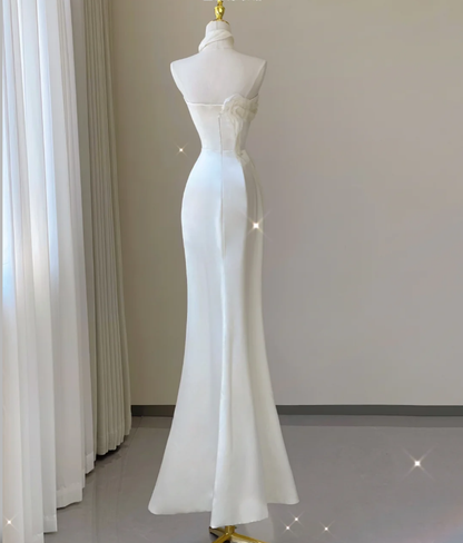 Classy Elegant Mermaid One Shoulder White Long Satin Wedding Dresses Brides Dress DP462