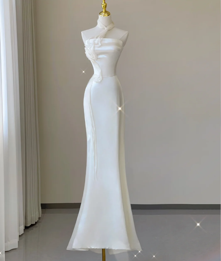 Classy Elegant Mermaid One Shoulder White Long Satin Wedding Dresses Brides Dress DP462