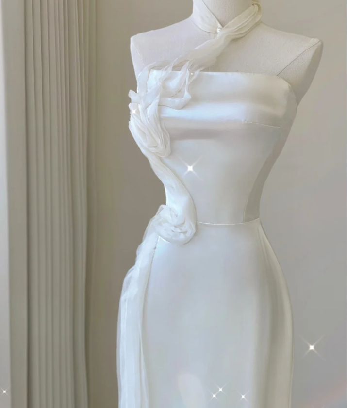 Classy Elegant Mermaid One Shoulder White Long Satin Wedding Dresses Brides Dress DP462