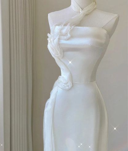 Classy Elegant Mermaid One Shoulder White Long Satin Wedding Dresses Brides Dress DP462