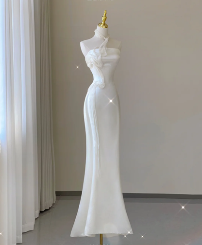 Classy Elegant Mermaid One Shoulder White Long Satin Wedding Dresses Brides Dress DP462
