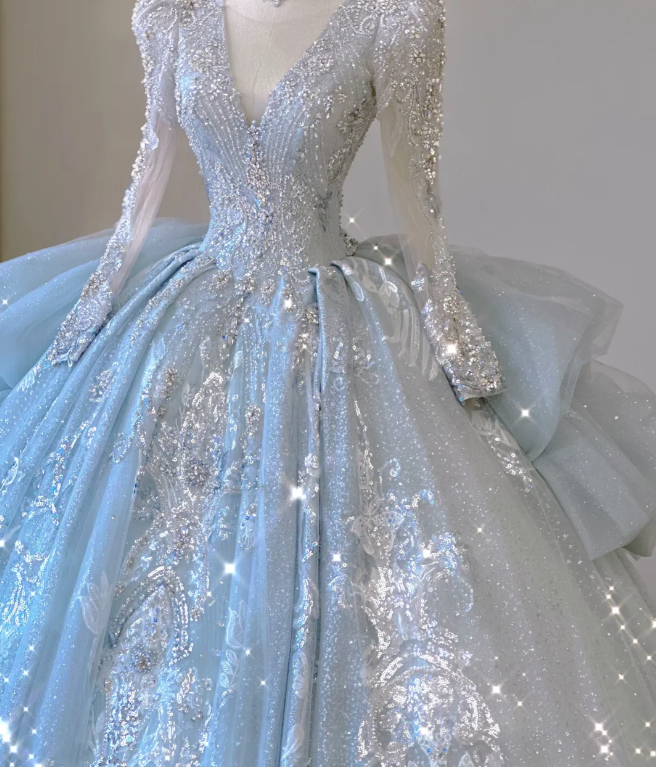 Timeless Ball Gown V Neckline Sequin Blue Long Sleeves Wedding Dresses Brides Dress DP465