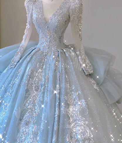Timeless Ball Gown V Neckline Sequin Blue Long Sleeves Wedding Dresses Brides Dress DP465
