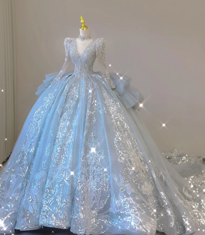 Timeless Ball Gown V Neckline Sequin Blue Long Sleeves Wedding Dresses Brides Dress DP465