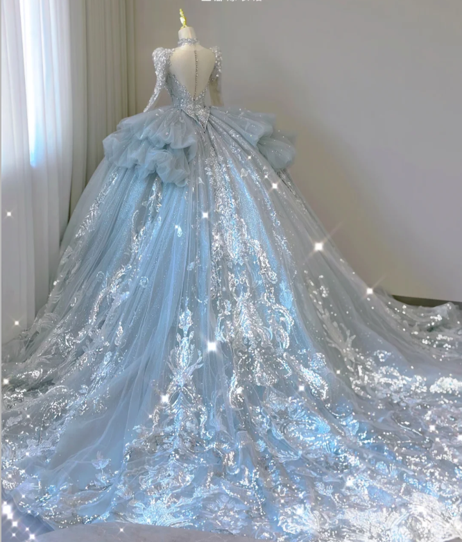 Timeless Ball Gown V Neckline Sequin Blue Long Sleeves Wedding Dresses Brides Dress DP465