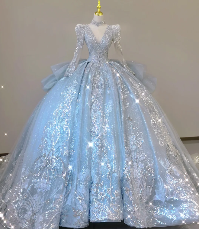 Timeless Ball Gown V Neckline Sequin Blue Long Sleeves Wedding Dresses Brides Dress DP465