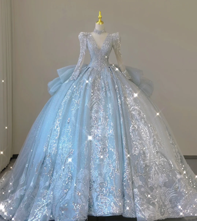 Timeless Ball Gown V Neckline Sequin Blue Long Sleeves Wedding Dresses Brides Dress DP465