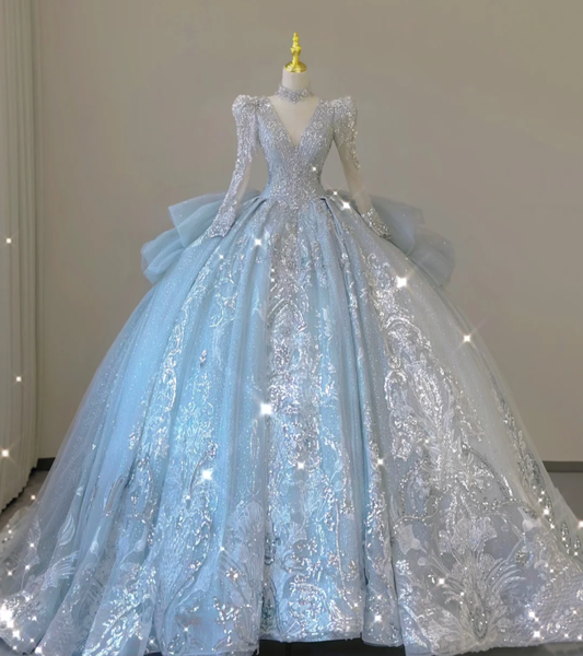 Timeless Ball Gown V Neckline Sequin Blue Long Sleeves Wedding Dresses Brides Dress DP465
