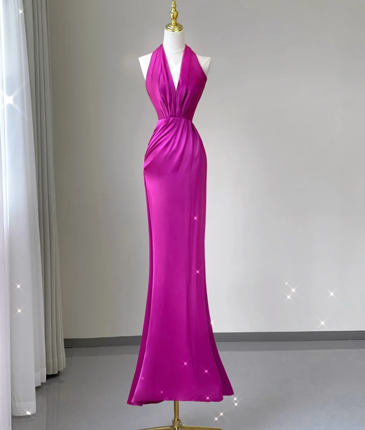 Pretty Mermaid Halter Pink Satin Long Prom Dresses Evening Dresses DP467